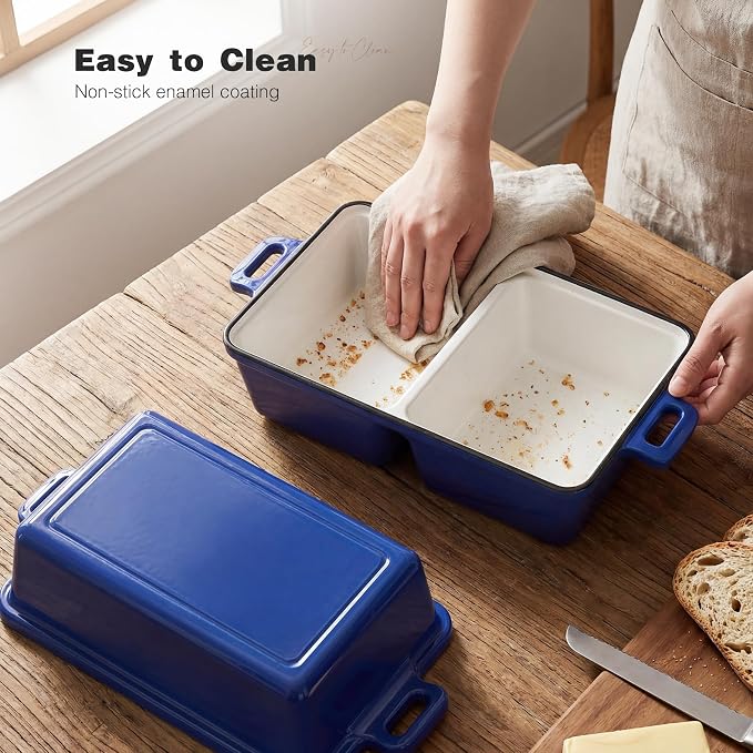 Double Dutch Oven for Sourdough Bread Baking,Enameled Cast Iron Dutch Oven with Lid,Double-Chamber Square Mini Sourdough Loaf Pan for Homemade Bread,Dark Blue(Patent Has Been Applied for)