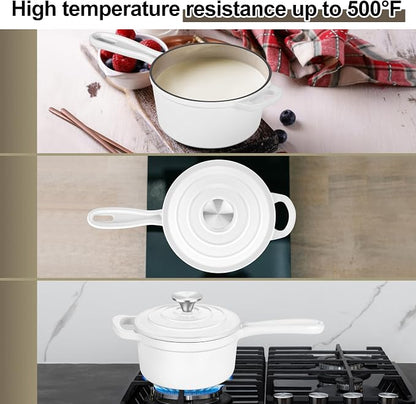 1 QT Enameled Cast Iron Saucepan, Leonyo Sauce Pan with Lid, Cast Iron Enamel Cookware Kitchen Milk Pot for All Cooktops Cooking Pasta, Soup, Egg - Up to 500°F & 4.4Lbs, White