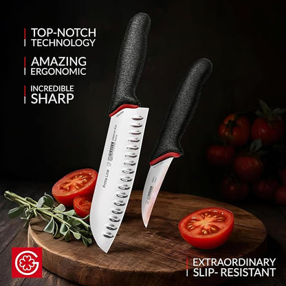 Giesser since 1776, Made in Germany, Santoku 7,5 inch, Ultra Slip Resistant, Dishwashersafe, rustfree, Japanese Chef Knife with small Peeling Knife