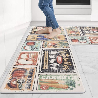 Carvapet 2 Pieces Kitchen Floor Mats – 17"x27" + 17"x47" Cushioned Anti Fatigue Kitchen Rugs and Mats Set, Non Slip Farmhouse Fruit & Vegetable Comfort Floor Mats for Sink, Laundry, and Doorway