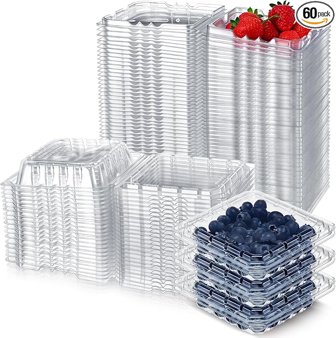 Baderke 60 Pcs Plastic Berry Basket with Clamshell Lids Clear Plastic Disposable Containers Fruit Produce Saver Containers for Blueberries Raspberries Blackberries Strawberries Cherry Tomatoes
