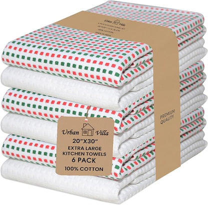 Urban Villa Christmas Kitchen Towels 100% Cotton Dish Towels for Kitchen (Set of 6) 20”x30” Dish Cloths Highly Absorbent Kitchen Linen Set with Hanging Loop Perfect for Drying Dishes-Red Green White