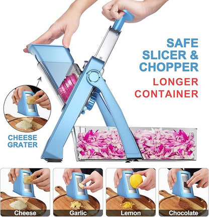 SupMaKin Upgrade Safe Mandoline Slicer,Multi Vegetable Chopper,Potato Slicer, Onion Chopper with Drain Basket Storage Container, Cheese Grater Kitchen Chopping Artifact (BlueGray)