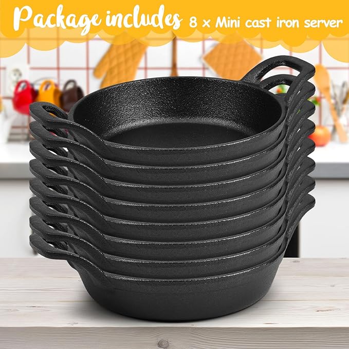 Ziliny Mini Cast Iron Skillets 6.3 x 6.3 x 1.5 Inch Cast Iron Pan Small Ramekin Set Black Casserole Dish Cookware Oven Safe Mini Skillets for Kitchen Indoor Outdoor Picnic (8 Pack)