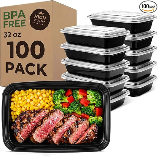 32oz 100 Pack(200 Piece) Meal Prep Containers Reusable Sturdy Food Storage Containers with Lids Microwave,Freezer,Dishwasher Safe Leakproof Airtight Plastic Bento Lunch Boxes for To Go Take Out