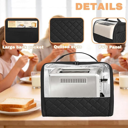 Wide Slot Toaster Cover 2 Slice with Enclosed Bottom and Side Pockets, Bag Compatible with Amazon Basics, Hamilton Beach,Cuisinart, Bella and Other 2 Slice Toaster, Black