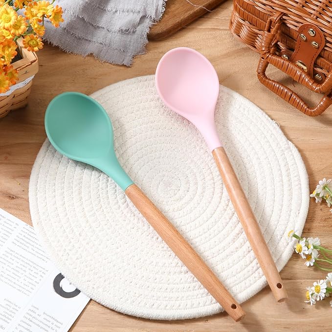 Patelai 2 Pieces Silicone Nonstick Mixing Spoon Kitchen Cooking Spoons Serving Spoon with Wooden Handle Heat Resistant Utensil Spoons for Mixing, Baking, Serving and Stirring (Green, Pink)