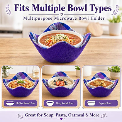 Set of 2 Purple with White Microwave Bowl Cloth Hot Pads - Multipurpose Heat Resistant Plate Holders - Hot Pads for Bouillon Cups - Pot Holder Microwavable Bowl Cozies for Food