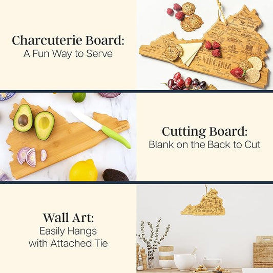 Totally Bamboo Destination Virginia Shaped Cutting Board – Bamboo Charcuterie and Serving Board with Hang Tie for Wall Display