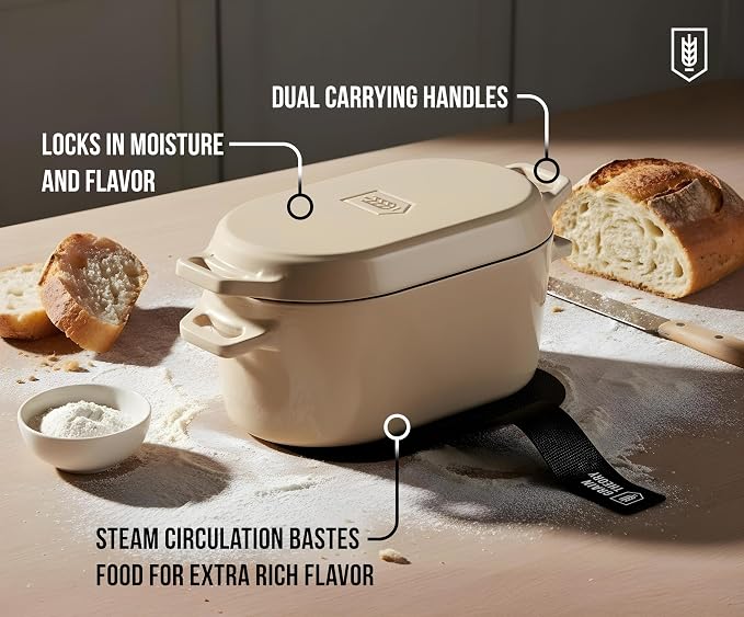 KooK Oval Loaf Shaped Cast Iron Dutch Oven for Bread Baking, 3.4 Qt Sourdough Dutch Oven with Lid, Enameled, Lid Lever, Dual Handles, Dishwasher Safe, 500°F Ivory