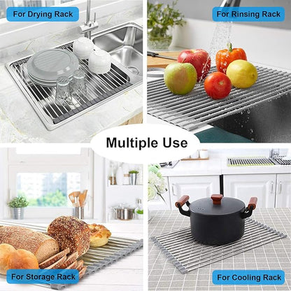 Searik Stainless Steel Over The Sink Dish Drying Rack, Roll Up Foldable Kitchen Sink Drainer Rack (17.7"x 11.8")