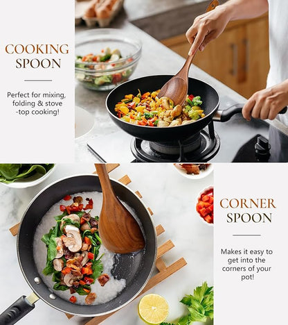 2Pcs Wooden Spoons for Cooking, Natural Premium Teak Wood Spoon & Corner Spoon, Good Grip Large Cooking Spoons Spatula, Heat Resistant Wooden Kitchen Cooking Utensils Set for Nonstick Cookware