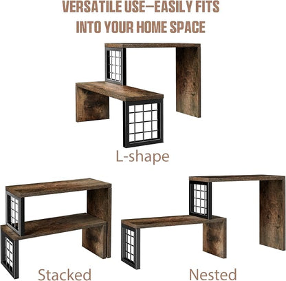 Kitchen Countertop Organizer, 2 Tier Spice Rack, Adjustable Cabinet Organizer Shelf, Corner Counter Shelf for Kitchen, Pantry, Coffee Station, Stackable, Expandable, Rustic Brown