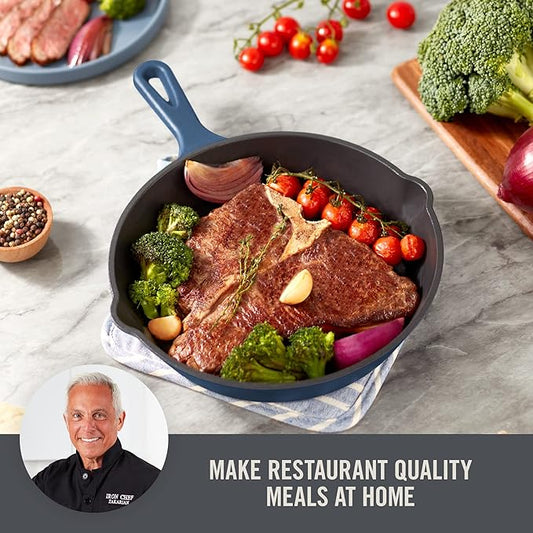 DASH Zakarian x Nonstick Cast Iron Skillet - Versatile Frying Pan Cookware - Oven-Safe Searing Skillet with Pour Spout and Quick-Clean Surface - Rust-Resistant - Zakarian Blue, 7.5-Inch