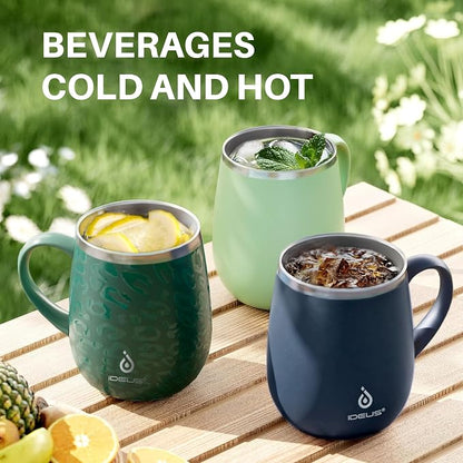 Ideus 16 oz (470 ml) Insulated Coffee Mug with Handle and Lid, Double Wall Stainless Steel Vacuum Thermal Coffee Mug, Travel Coffee Cup Thermal Cup for Home and Office, Leopard Green