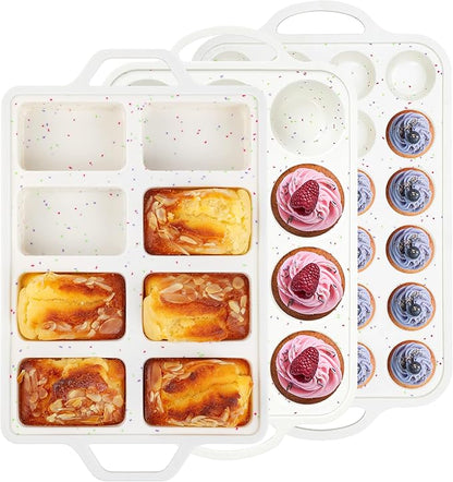 3 Pcs Silicone Baking Pan Set with Metal Reinforced Frame- Including Mini Loaf Pan, Standard Muffin Pan and Mini Muffin Pan（Cream）
