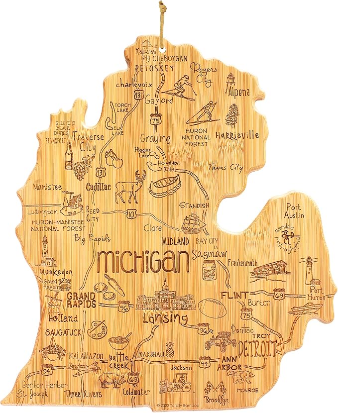 Totally Bamboo Destination Michigan Mitten Shaped Cutting Board, Bamboo Charcuterie and Cheese Serving Board for Kitchen with Hang Tie for Wall Display, 11.75 x 13.25 Inches