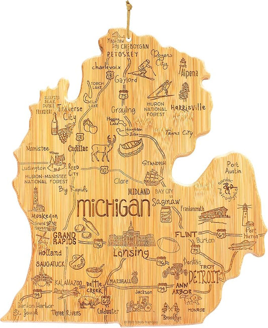 Totally Bamboo Destination Michigan Mitten Shaped Cutting Board, Bamboo Charcuterie and Cheese Serving Board for Kitchen with Hang Tie for Wall Display, 11.75 x 13.25 Inches