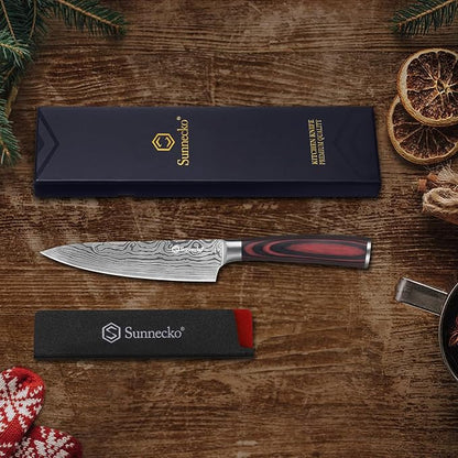 Sunnecko 5.5 Inch Small Chef Knife - Ultra Sharp 12-15 Degree Edge Kitchen Knife for Meat Vegetable Cutting Japanese Style with Sheath, High Carbon Stainless Steel Blade, Cooking Father Day Gift