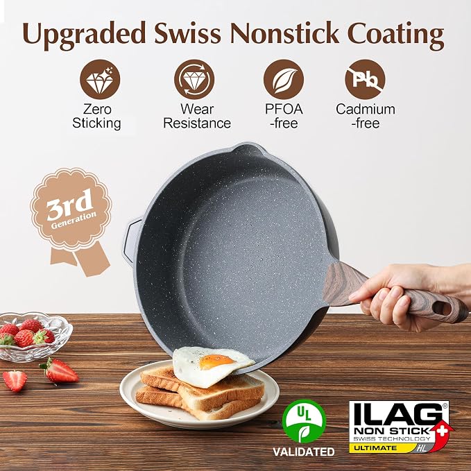 SENSARTE Nonstick Deep Frying Pan Skillet, 12-inch Saute Pan with Lid, Stay-cool Handle, Chef Pan Healthy Stone Cookware Cooking Pan, Induction Compatible, PFOA Free