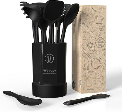 oannao Silicone Kitchen Utensils Set, 600°F Heat Resistant Silicone Cooking Utensils, Spatula, Spoon, Whisk, Tongs, Kitchen Gadgets Sets for Nonstick Cookware, Dishwasher Safe BPA Free (Black)