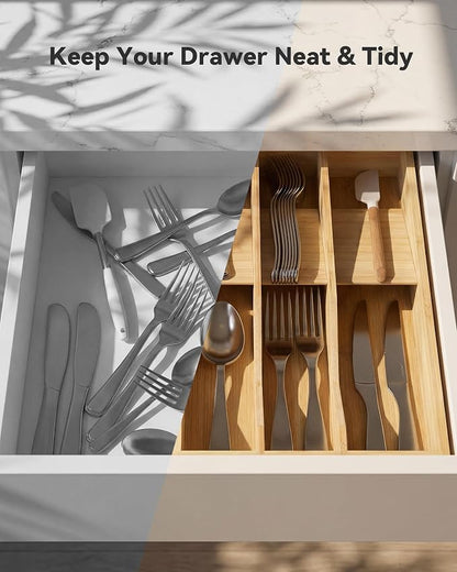 Utensil Drawer Organizer for Silverware,Bamboo 10 Slot | V-Groove & Anti-Slip Blocks, Vertical Storage,16" D x 12.3" W x 2.25" H, Cutlery Holder Dividers for Spoons Forks Knives