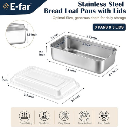 E-far Loaf Pan with Lids, 9 x 5 Inch Stainless Steel Bread Pans for Homemade Bread, Rectangle Baking Tins for Sourdough, Meatloaf, Banana Cake, Nontoxic & Dishwasher Safe - Set of 3