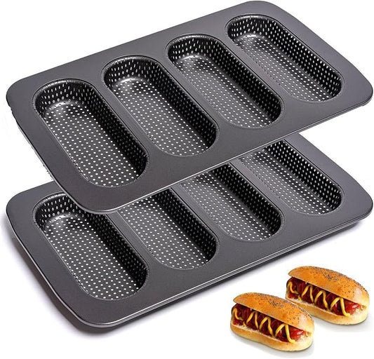 Yomvzake Hot Dot Bun Pan Set of 2, Perforated Carbon Steel Non-Stick Hotdog Bun Mold Bread Forms Crispy Mini Baguette Sandwich Baking Tray for Hot Dog Bun Rolls