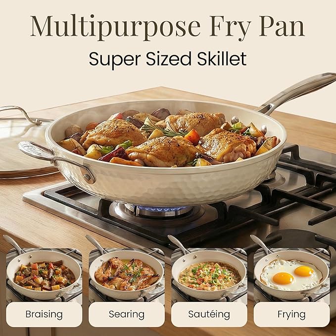 GOTHAM STEEL HAMMERED 14 Inch Non Stick Frying Pans with Lid, Extra Large Frying Pans Nonstick Cooks Family Sized Meals, Non Toxic PFOA Free, Induction Ready, Oven and Dishwasher Safe