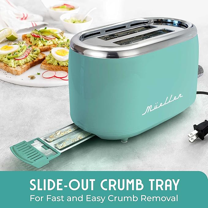MUELLER HOME Retro Toaster 2 Slice, 7 Browning Levels, 3 Functions (Reheat, Defrost, Cancel), Stainless Steel Features, Removable Crumb Tray, Under Base Cord Storage, Turquoise