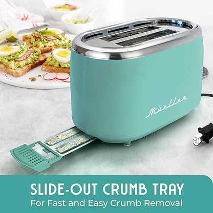 MUELLER HOME Retro Toaster 2 Slice, 7 Browning Levels, 3 Functions (Reheat, Defrost, Cancel), Stainless Steel Features, Removable Crumb Tray, Under Base Cord Storage, Turquoise