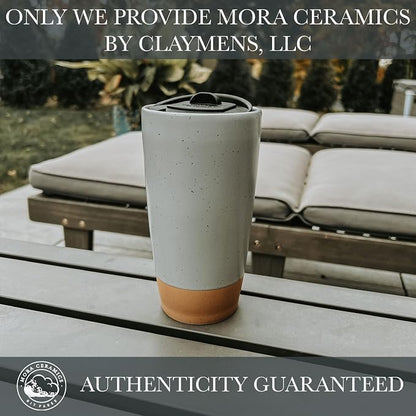 Mora Double Wall Ceramic Coffee Travel Mug with Lid, 14 oz, Portable, Microwave, Dishwasher Safe, Insulated Reusable Tall Cup, Splash Resistant Lid - To Go Tumbler for Car Cup Holder, Overcast Grey