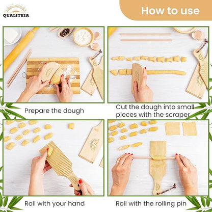Gnocchi Board Set for Rolling Dough - 2x Paddles, 2x Rollers & 1x Cutter, Bamboo Pasta Shaper Tools Butter Maker, Garganelli Cavatelli Tortellini Cavarola Roller (Gnocchi Board Set 4)