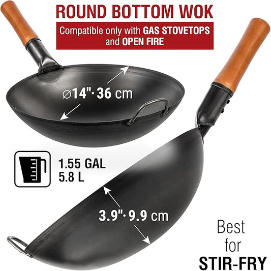 YOSUKATA 14" Carbon Steel Wok with Round Bottom – Pre-Seasoned Pow Wok for Stir Fry – Traditional Chinese Japanese Black Steel Pan – Outdoor Cookware for Gas Stovetops, Open Fire, BBQ, Camping