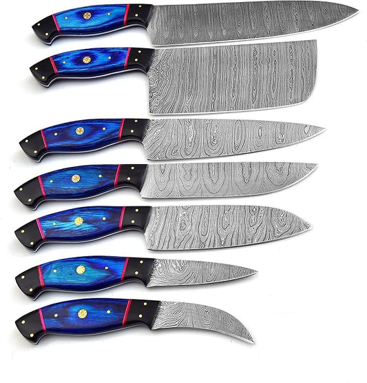 Professional Kitchen Knives Custom Made Damascus Steel 7 pcs of Professional Utility Kitchen Chef’s Knife Set with Pocket Case Chef Knife Set with Roll Bag (1063)