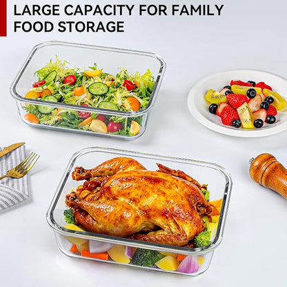 GEHE 2 Pack 78oz Large Glass Storage Containers with Lids, Meal Prep Container, Glass Food Storage Containers for Roasting, Serving, Leakproof, Microwave, Freezer and Dishwasher Safe, BPA Free
