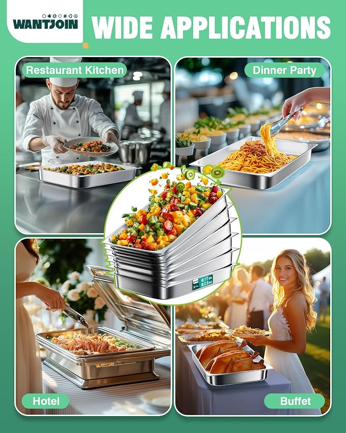 WantJoin Steam Table Hotel Pans 1/1 Full Size 2.5 Inch Deep 6 Pack, Stainless Steel Metal Tray Sets Food Storage Container for Restaurant Chafing Dishes Commercial Buffet Catering Supplies
