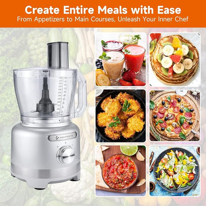 Homtone 16 Cup Food Processor Large, 9-in-1 Vegetable Chopper with 7 Blades for Shredding, Slicing, French Fry Cutting, Meat Grinding, Dough Kneading, 3 Speeds, Dishwasher Safe (Silver, 16 cup)