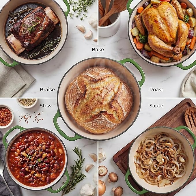 Zulay Kitchen 6.4QT Enameled Cast Iron Dutch Oven Pot with Lid, Heavy-Duty Soup Pot for Stews, Braising, Roasting & Sourdough Bread Baking, Oven Safe up to 500°F - Green
