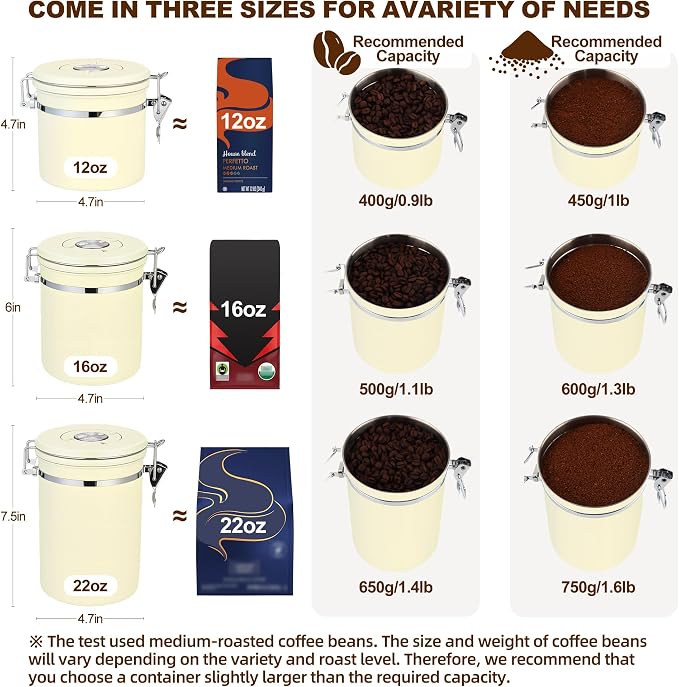 ShanSon Coffee Canister Airtight, Stainless Steel Bean Storage Container with Date Tracker & Scoop, Grounds Sugar Flour Tea Cereal Fits Kitchen Pantry, Ideal Gift for Coffee Lovers,12oz,Beige
