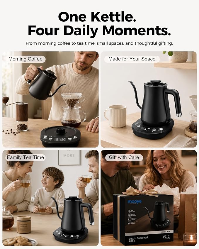 Gooseneck Electric Kettle with ±1℉ Temperature Control, 304 Stainless Steel Interior, BPA Free, 1200 Watt Rapid, Brew Timer, Automatic Shut Off for Pour Over Coffee, Brew Tea, Boil Hot Water