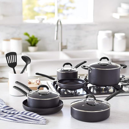 Amazon Basics Non-Stick Cookware Set, Pots and Pans with Lids, Hard Anodized Aluminum, Dishwasher Safe, Oven Safe, Black, 12-Piece