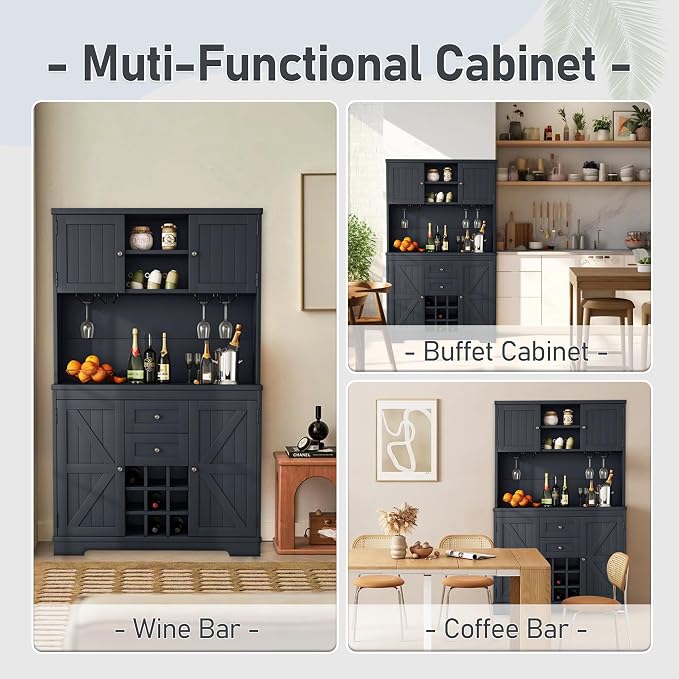 VilroCaz Farmhouse Freestanding Kitchen Pantry, Coffee Bar Cabinet Kitchen Buffet Cabinet with Drawers, Adjustable Shelves and Wine & Glass Racks for Dining Room, Kitchen (Antique Blue-2.16)