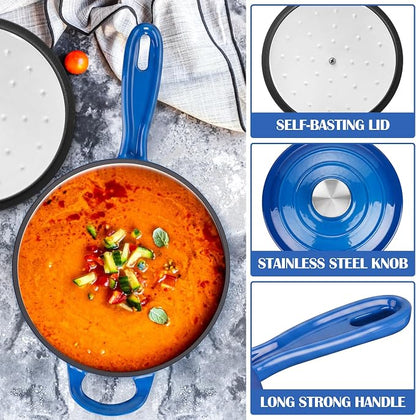 E-far Enameled Cast Iron Sauce Pan, 2 Quart Dutch Oven Saucepan with Lid, Small Sauce Pot for Cooking, Boiling, Healthy & Non Toxic, Induction & Oven Safe, Deep Blue