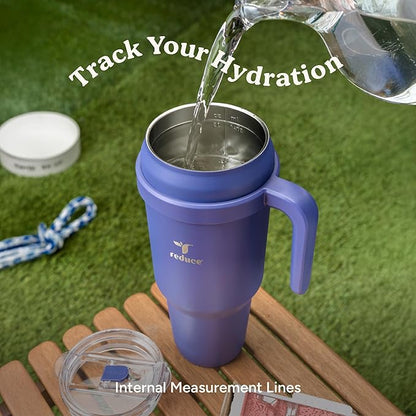 REDUCE Reusable 50 oz Cold1 Water Tumbler – Ergonomic Handle – Double-Wall Insulation – Sturdy Desktop/Tabletop Mug with Lid and Straw – BPA-Free – Stainless Steel for Gym, Home, Office – Casa Blanca
