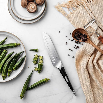 Linoroso Santoku Knife - Ultra Sharp German High-Carbon Stainless Steel, 6 inch - Mako Series with Exquisite In-Drawer Knife Block