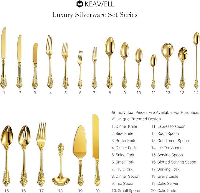 KEAWELL Luxury 7" Tea Spoon, Set of 4, 18/10 Stainless Steel, Sturdy Dessert Spoon, Gorgeous Design with Exceptional Mirror Polished Finish (Gold)