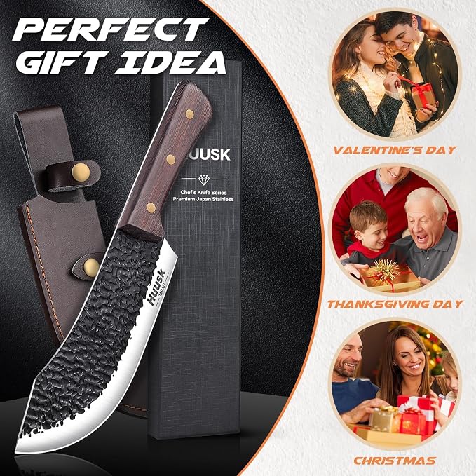 Huusk Meat Cleaver Knife - 7" Butcher Knife for Meat Cutting - Hand Forged Chopping Knives with Ergonomic Handle - Ultra Sharp Kitchen Chef Knives for Home Outdoor BBQ, Gifts for Men and Women
