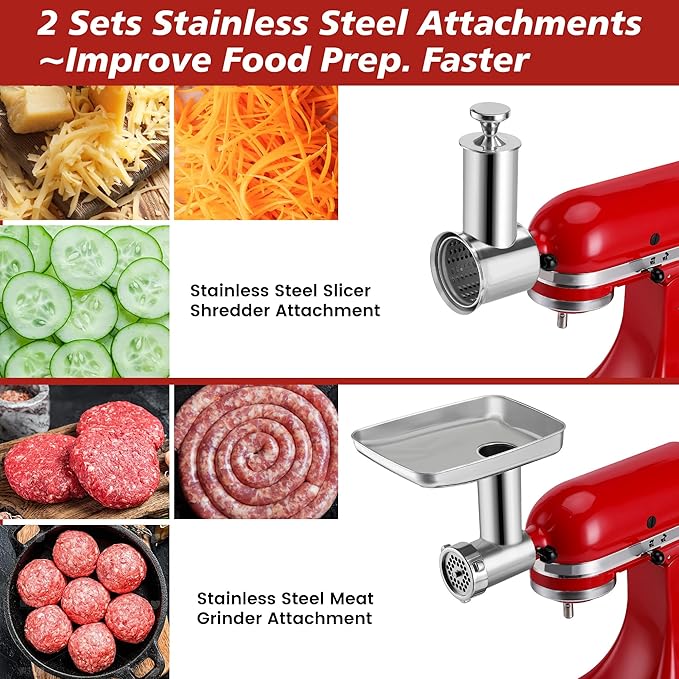 Durable Meat Grinder & Slicer Shredder Attachments Set for Kitchenaid Mixers,Dishwasher Safe Stainless Steel Packs with Cheese Grater & Sausage Stuffer Accessories