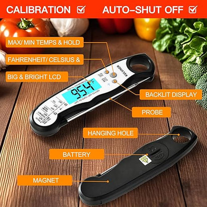 KULUNER Instant Read Food Thermometer, White Waterproof Digital Meat Thermometer with 4.6" Folding Probe, Backlight & Calibration, 2-3s Fast Reading for Kitchen Baking Grilling Cooking - White